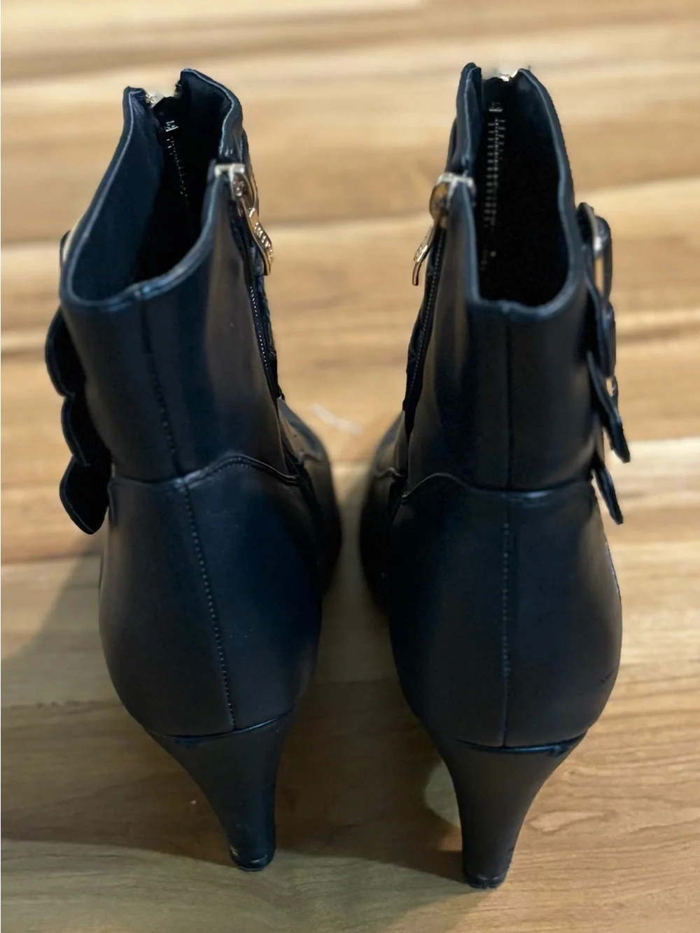 Black Buckle Strap Ankle Booties with Gold Hardware, Size 9